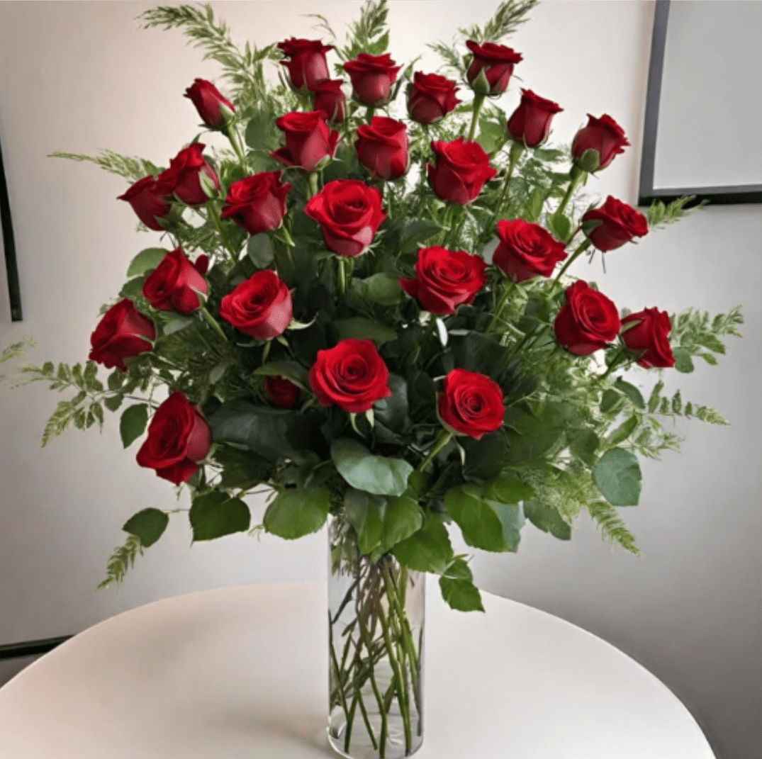 Miss Red - A dense cluster of long-stemmed red roses rises from a tall clear glass vase, making a bold romantic statement for anniversaries, Valentine's Day, or any love-and-romance moment. The tightly opened blooms form a full, rounded silhouette that reads classic and elegant-the kind of arrangement that will make the person you're thinking of feel genuinely celebrated and deeply remembered.  Deep green foliage and airy, fern-like greenery surround the roses, adding layered texture and contrast that enhances the vivid red petals. The upright, substantial shape holds its presence on a dining table or entry console; the clear cylindrical vase keeps the look clean and formal while letting the stems show. Available in a generous size, this arrangement arrives ready to display-trim water and refresh as needed to keep the blooms looking their best.