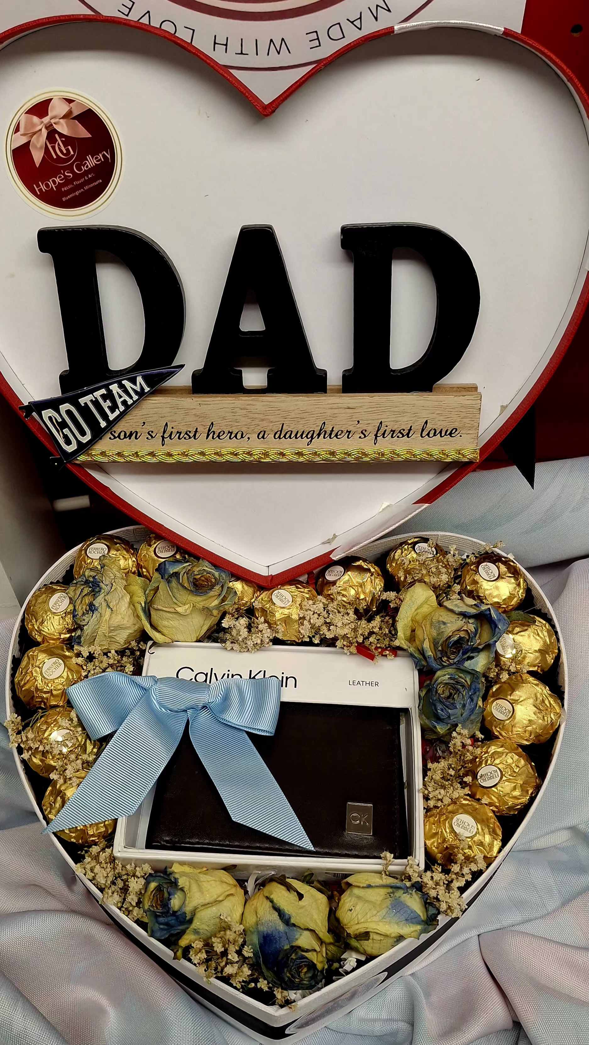Timeless Dad Heart Gift Set - A sentimental heart-shaped presentation featuring a premium Calvin Klein leather wallet, Ferrero Rocher chocolates, and delicate dried floral accents.