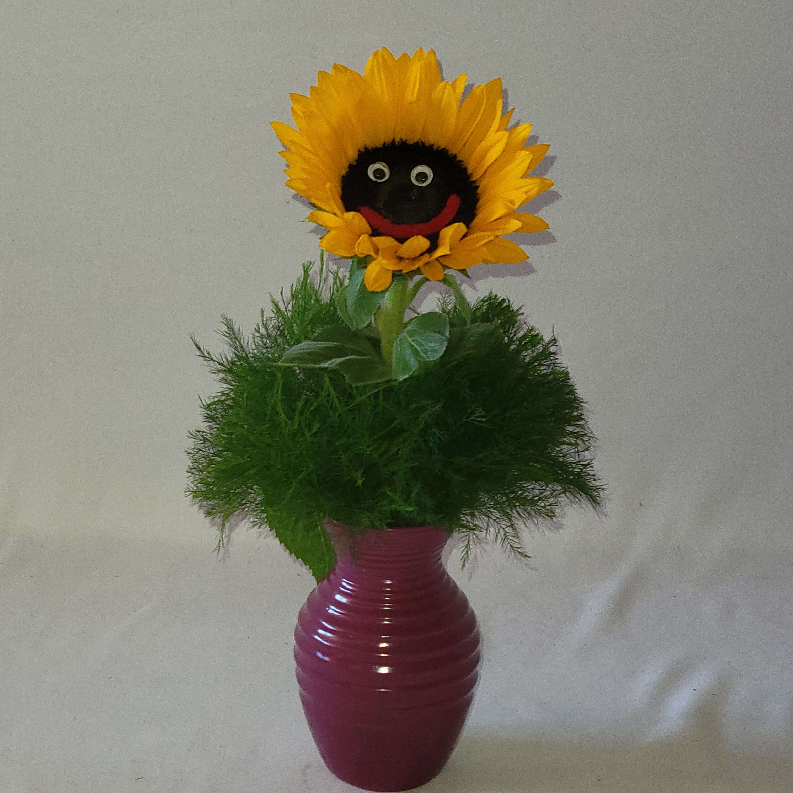 Sunflower Surprise - Sunflower with smiley face, tree fern and small vase. Colors of the vase may vary due to availability.  Perfect to send to a child or any one that just needs a smile.