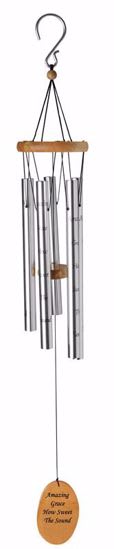 Hanging metal wind chime with a wooden tag