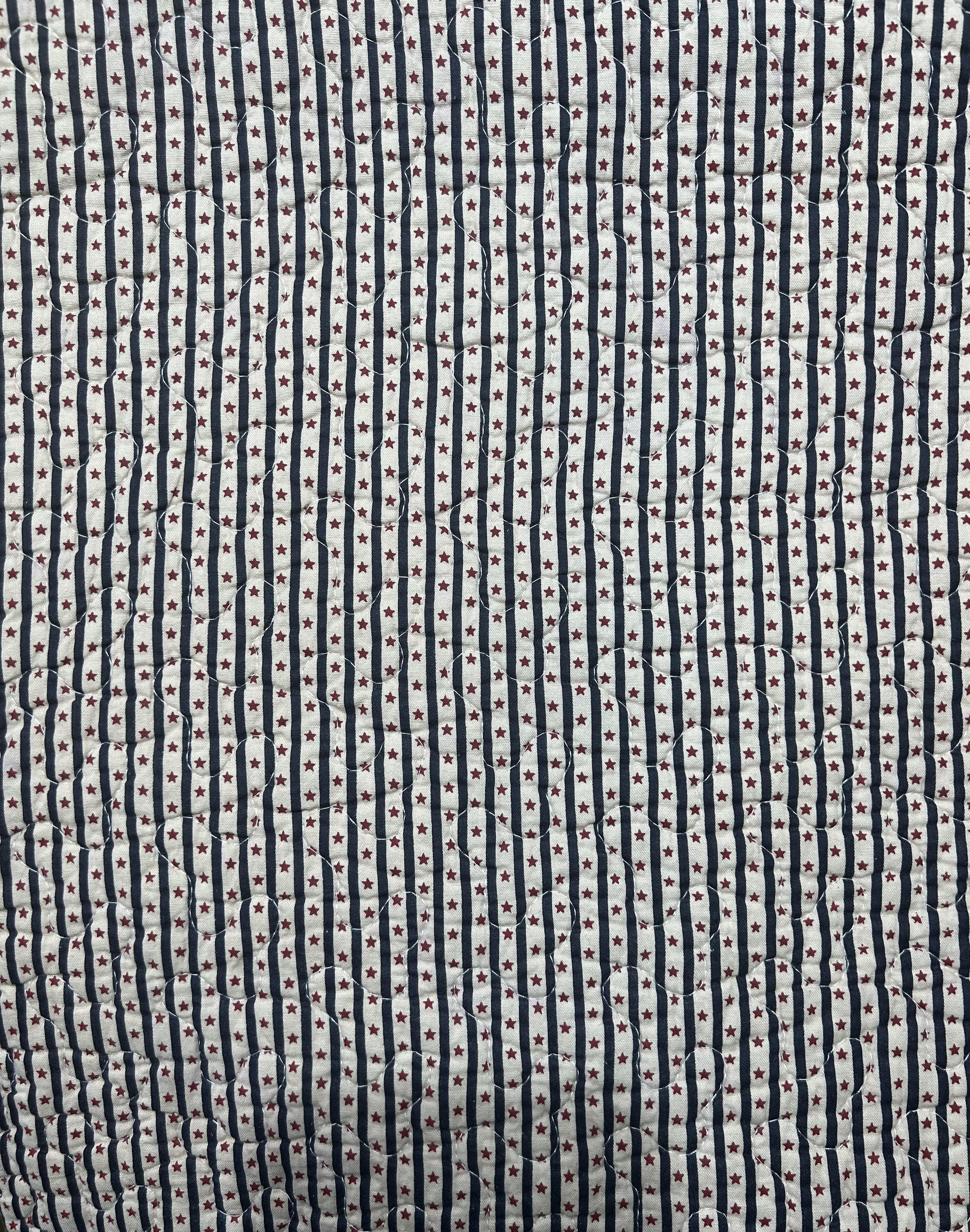 Quilted fabric with navy stripes and small red stars