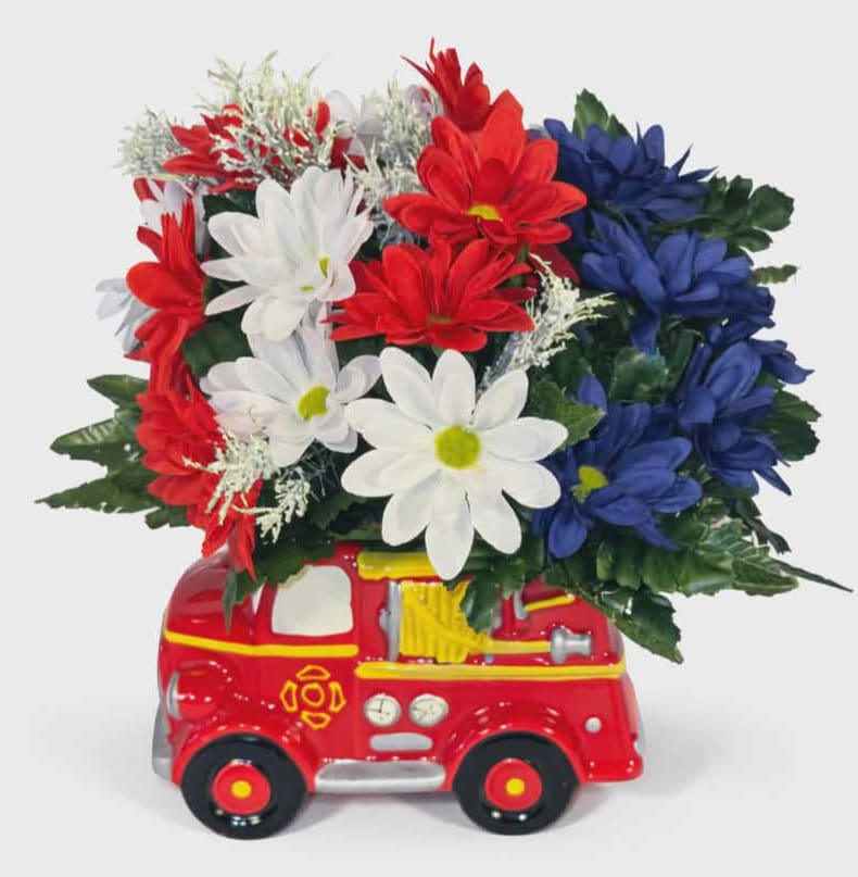 Silk Firetruck Bouquet  - Ceramic Firetruck with silk flowers that will last a lifetime. Great gift for any child or fire fighter. Who wouldn't love it and the truck is a keepsake! 9" T 
