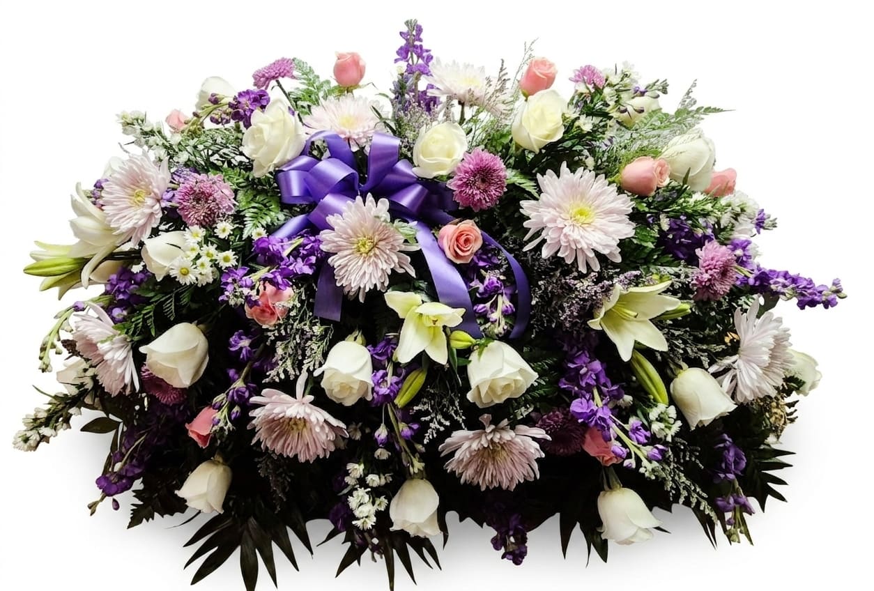 Bountiful Lavender, Pink and White Casket Spray - Soft lavender, blush pink and pure white blooms form a comforting casket spray designed to honor a life with calm elegance. This sympathy and funeral flower arrangement centers on large white lilies and blushing rosebuds, with daisy-like chrysanthemums and small purple accent flowers woven throughout to create a full, rounded silhouette that reads gentle and reassuring at a service.  The spray includes chrysanthemums, lilies, roses, daisies and additional filler flowers in pastel pinks, purples and whites, tied with a glossy purple ribbon for a polished, respectful finish. The dense, lush composition gives a romantic, textured look from every angle, suitable for placement on a casket or as a prominent memorial tribute.  Made to convey sympathy and heartfelt remembrance, this arrangement is the kind of floral tribute that lets the person you're honoring feel truly cherished.