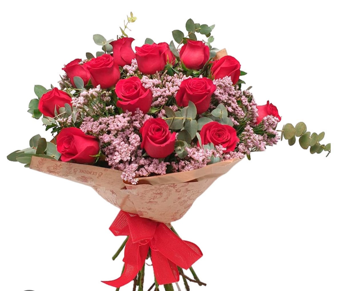 Bouquet of red roses with pink filler flowers and a red ribbon