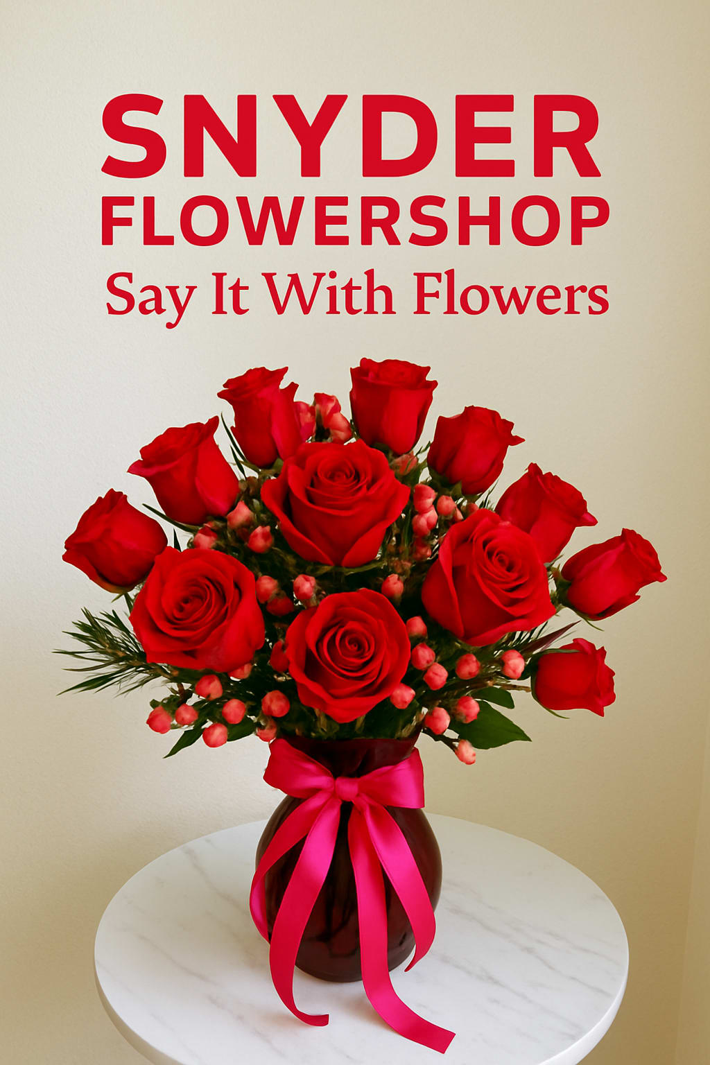 Classic Red Rose Romance Arrangement - Celebrate love and life's most meaningful moments with our Classic Romance | Premium Red Rose Vase Arrangement, a timeless floral design handcrafted by Snyder Flowers. This elegant arrangement features premium long-stem red roses, vibrant hypericum berries, fresh seasonal greenery and a stylish keepsake vase, creating a luxurious presentation that never goes out of style.  Red roses symbolize love, passion, admiration and appreciation, making this arrangement the perfect gift for anniversaries, Valentine's Day, birthdays, romantic surprises, engagements, marriage proposals, Mother's Day, congratulations, thank you gifts, date nights and just because moments. Every arrangement is carefully designed using premium fresh flowers to ensure exceptional beauty, freshness and long-lasting enjoyment.  We proudly offer same-day flower delivery in San Antonio, serving Stone Oak, Alamo Heights, The Dominion, Shavano Park, Castle Hills, Medical Center, Helotes, Leon Valley, Schertz, Cibolo, Live Oak, Universal City, Boerne, Bulverde, Timberwood Park and surrounding communities.  If you're searching for red roses, long stem roses, romantic flower delivery, anniversary flowers, Valentine's Day roses, luxury rose arrangements, birthday flowers, same-day flower delivery in San Antonio or the best florist near you, Snyder Flowers creates handcrafted floral gifts with premium quality and exceptional customer service.