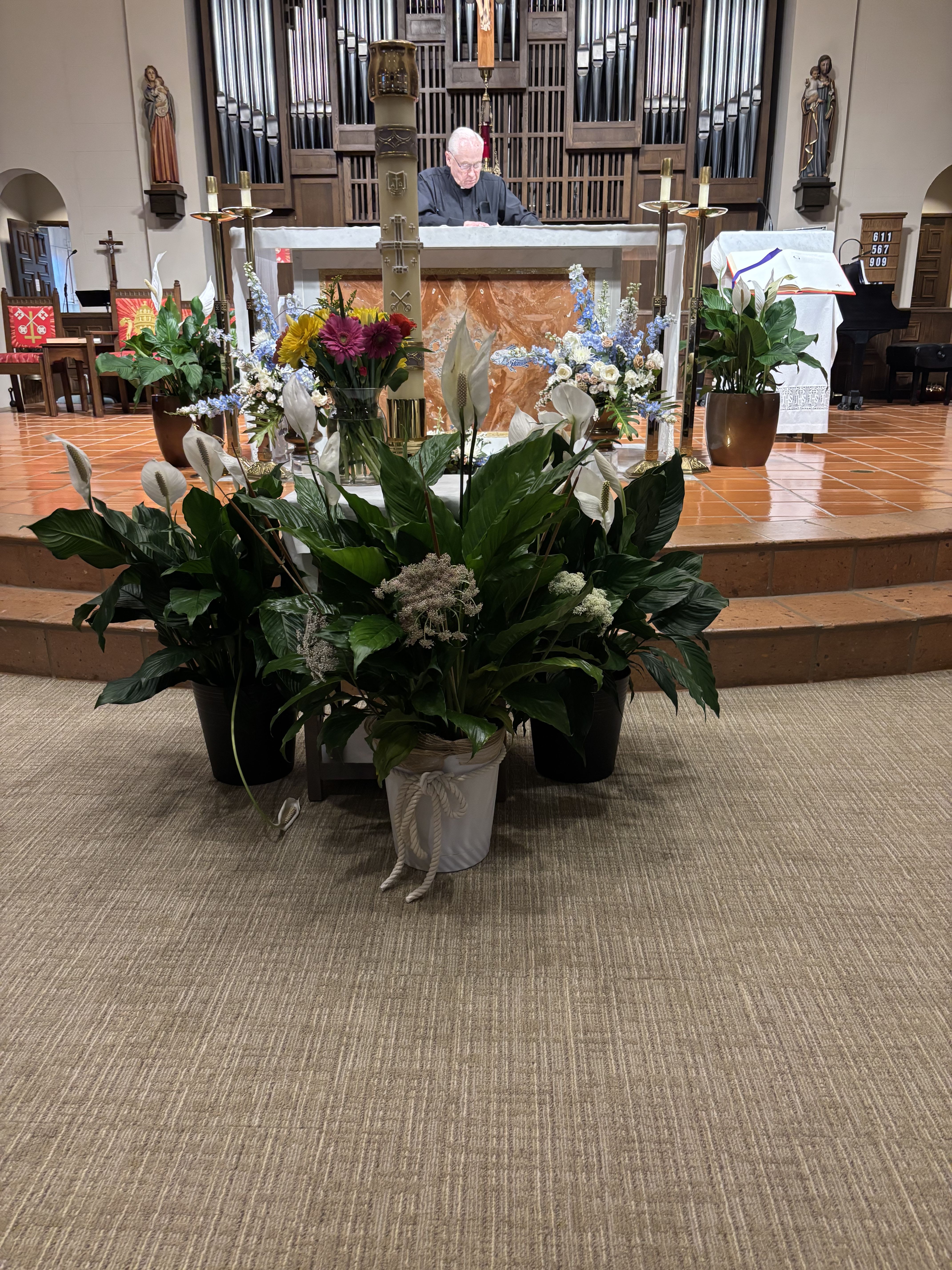 Heavenly Grace Altar Floral Collection - Elevate your church celebration with our Heavenly Grace Altar Floral Collection, professionally designed by Snyder Flowers in San Antonio, Texas. This elegant church floral display features beautiful Peace Lilies, fresh seasonal flowers, white roses, colorful gerbera daisies, delphinium, and lush greenery arranged to enhance worship services, church events, memorial ceremonies, weddings, baptisms, Easter celebrations, Christmas services, religious gatherings, and special occasions. We proudly provide custom floral decorations, altar flowers, event floral design, sympathy arrangements, and same-day flower delivery throughout San Antonio, Stone Oak, Alamo Heights, Shavano Park, Helotes, Medical Center, Schertz, Cibolo, Bulverde, and surrounding communities.