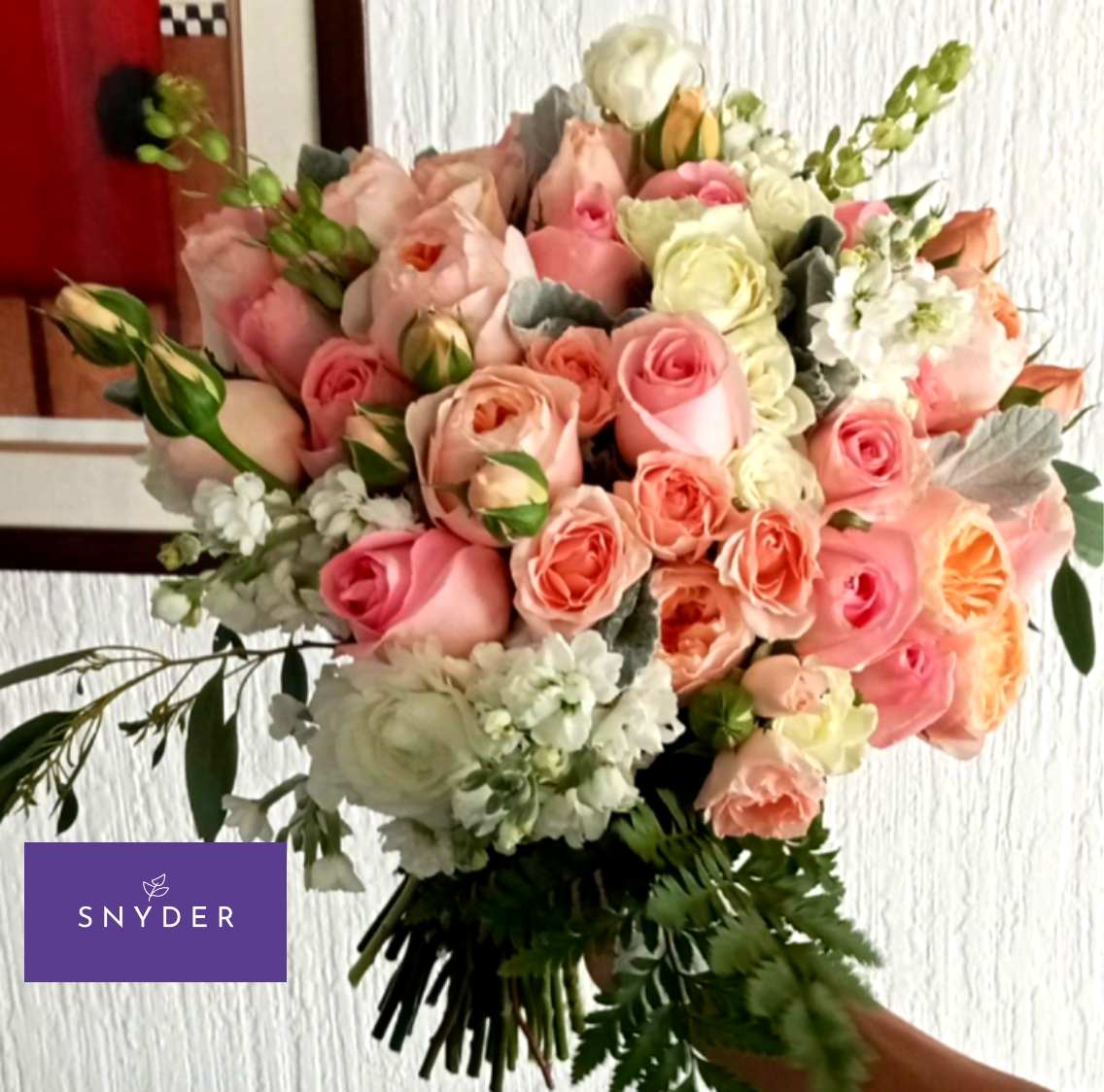 Blush Whisper - Luxury custom floral bouquet designed by Snyder Flowers, local florist in San Antonio TX. Featuring blush and 24 ivory roses, spray roses, lisianthus, snapdragons, hydrangea and premium seasonal greenery, carefully arranged for and elegant and romantic presentation. Ideal for weddings, anniversaries, luxury gifts or special celebrations. Same day flower delivery available in San Antonio and surrounding areas.