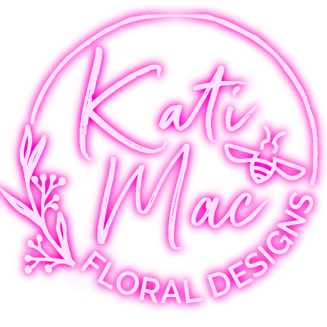 Bright pink circular floral logo with cursive text and a small bee illustration