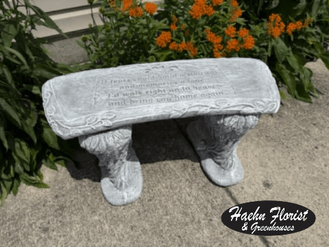 Decorative Concrete Bench - Concrete garden bench - we have multiple different saying for the benches and they can range in color gray/tan.  Can come plain, with a silk swag or a beautiful fresh flower arrangement.