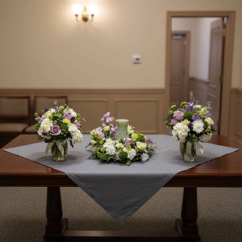 Three floral centerpieces on a table with a candle in the middle.