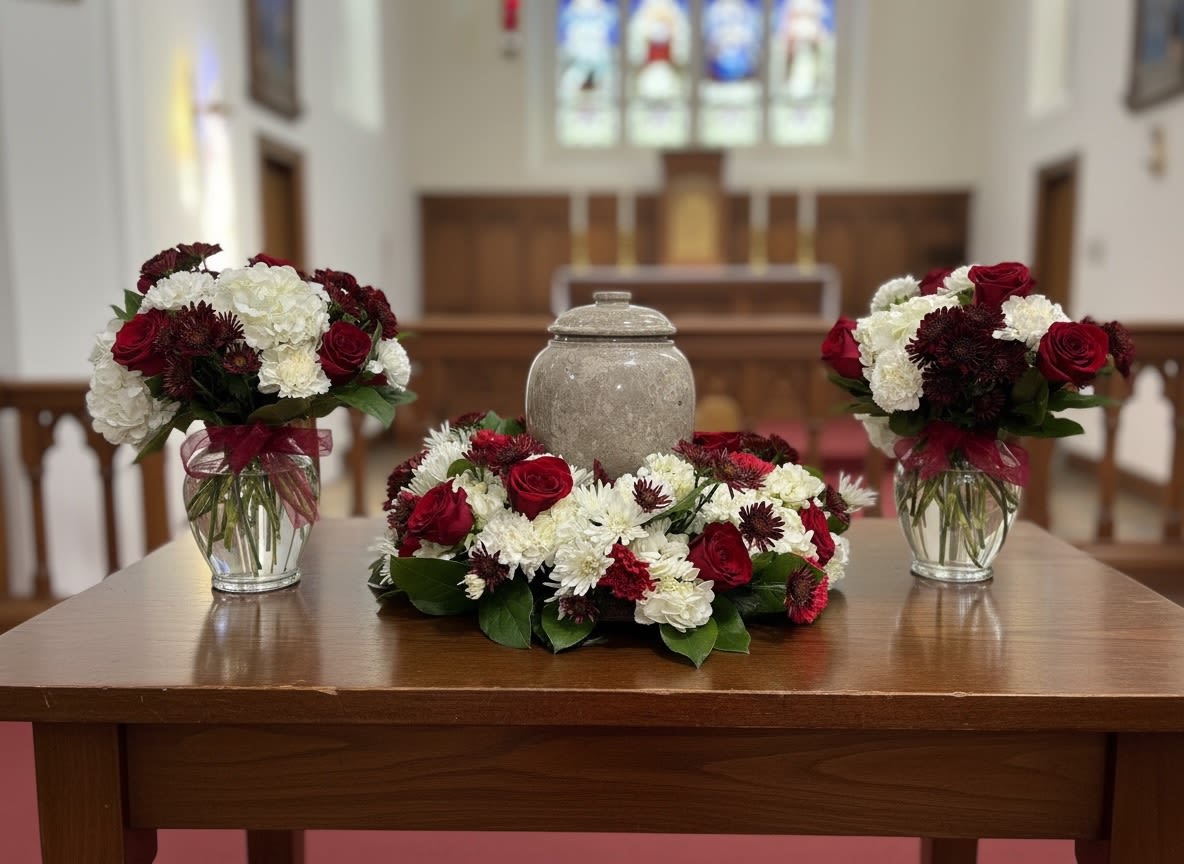 Memory Lane - The 3 funeral pieces will each include an assortment of red and white flowers. 1 wreath around the urn and 2 vase arrangements on each side. (Other colors may be requested- please write notes in the special instructions section)