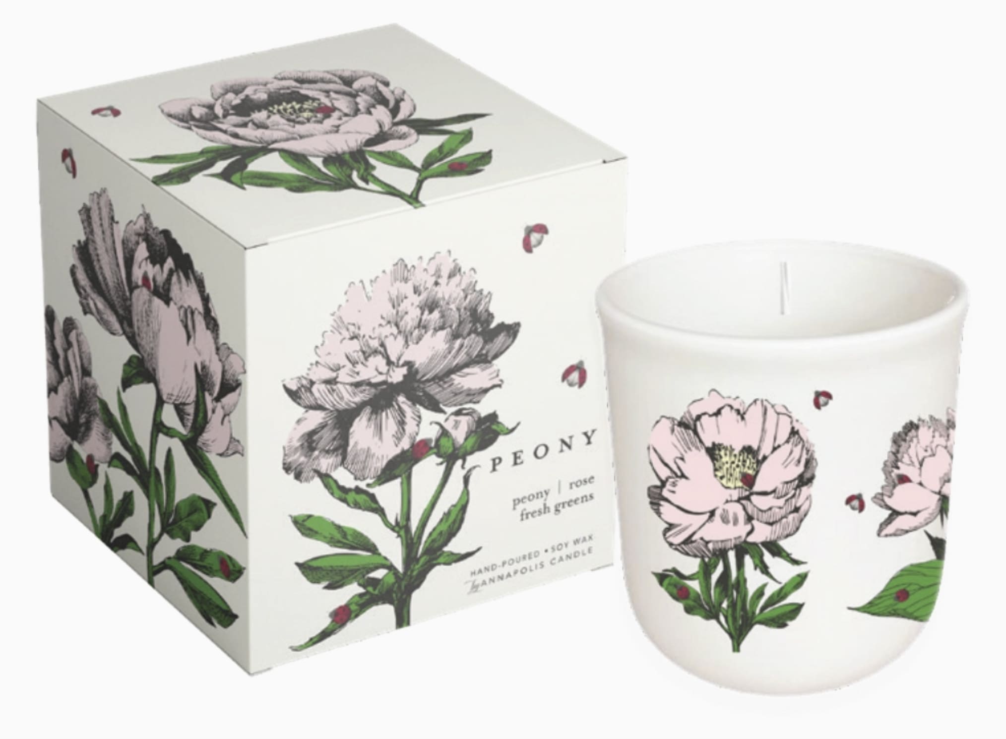 Peony-printed candle in a white glass jar with matching box