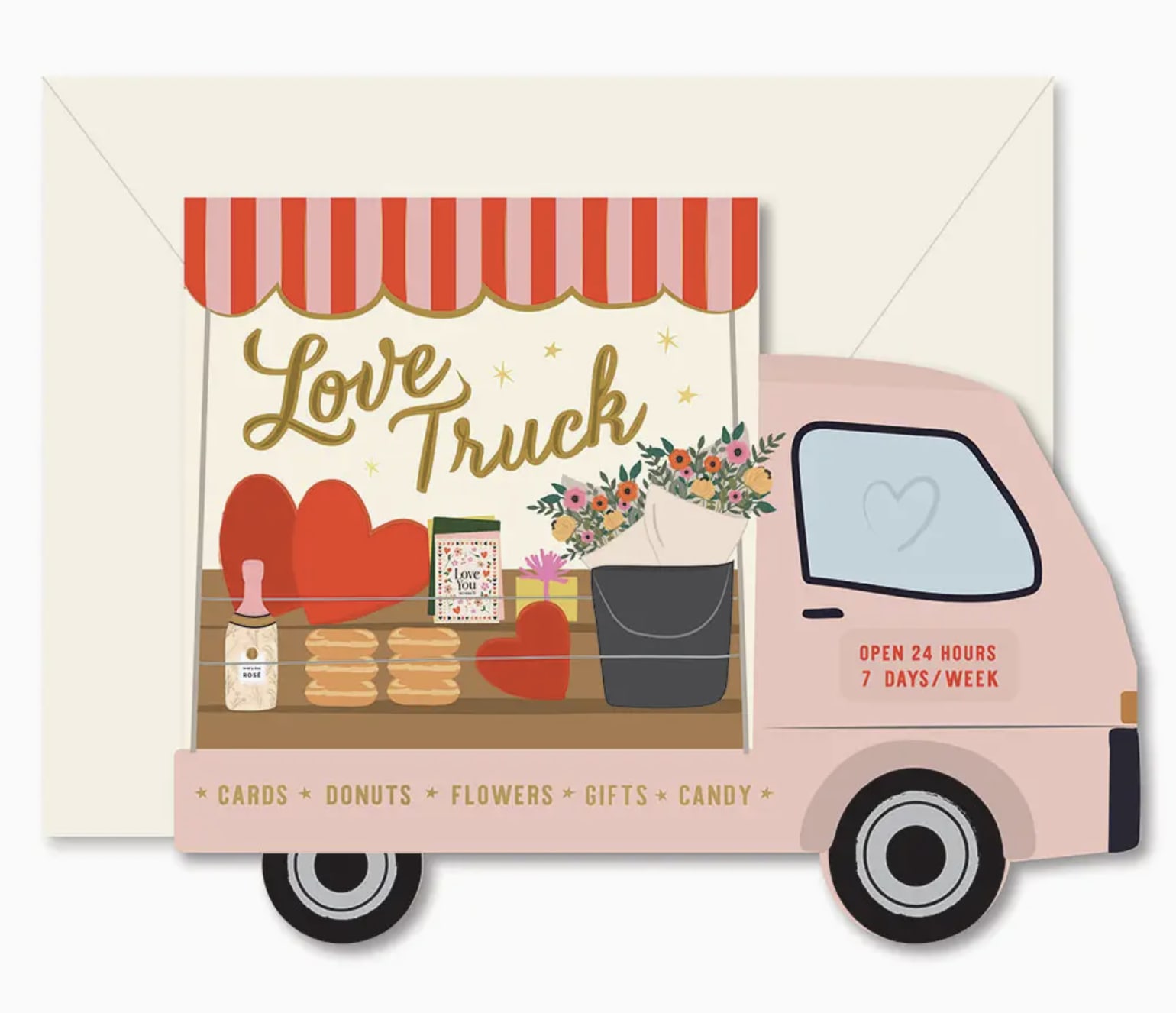 Pink flower truck card with hearts and a bouquet illustration