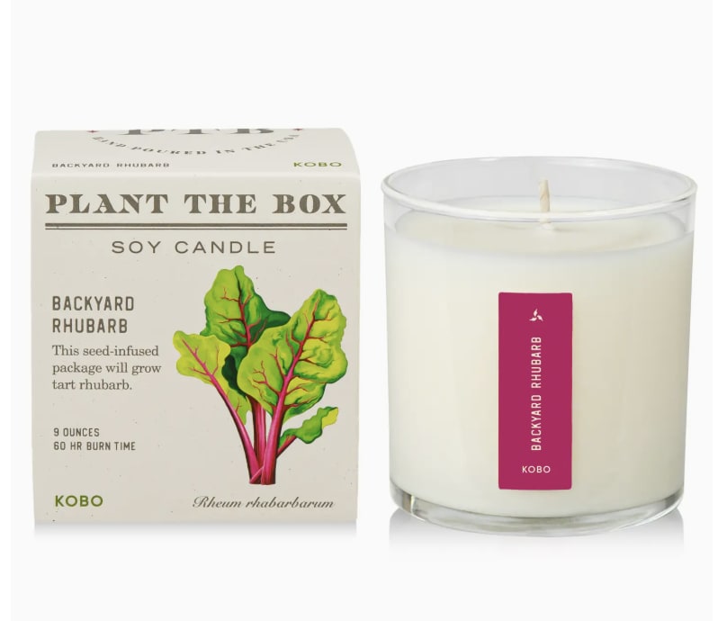 Backyard Rhubarb - Plant the Box Candle - 9oz. -  Did you know rhubarb plants can live for up to 60 years? This tart, garden-grown scent opens with sharp rhubarb softened by dewy greens and a hint of sparkling citrus. Gentle white florals and rose petals add an elegant lift, while warm musk, golden amber, and vetiver bring depth and balance.  KOBO Candles creates luxurious and expressive scented candles, diffusers and other home products. Their signature candles are hand-poured and assembled in Chicago, all under one roof. They use sustainably sourced, 100% pure soy wax. A family-owned and operated business, they only supply our customers with the highest-quality products they would use in their homes. 