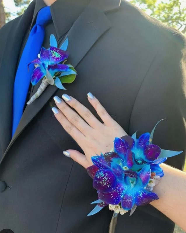 Boutonniere and wrist corsage with vivid blue and purple orchids