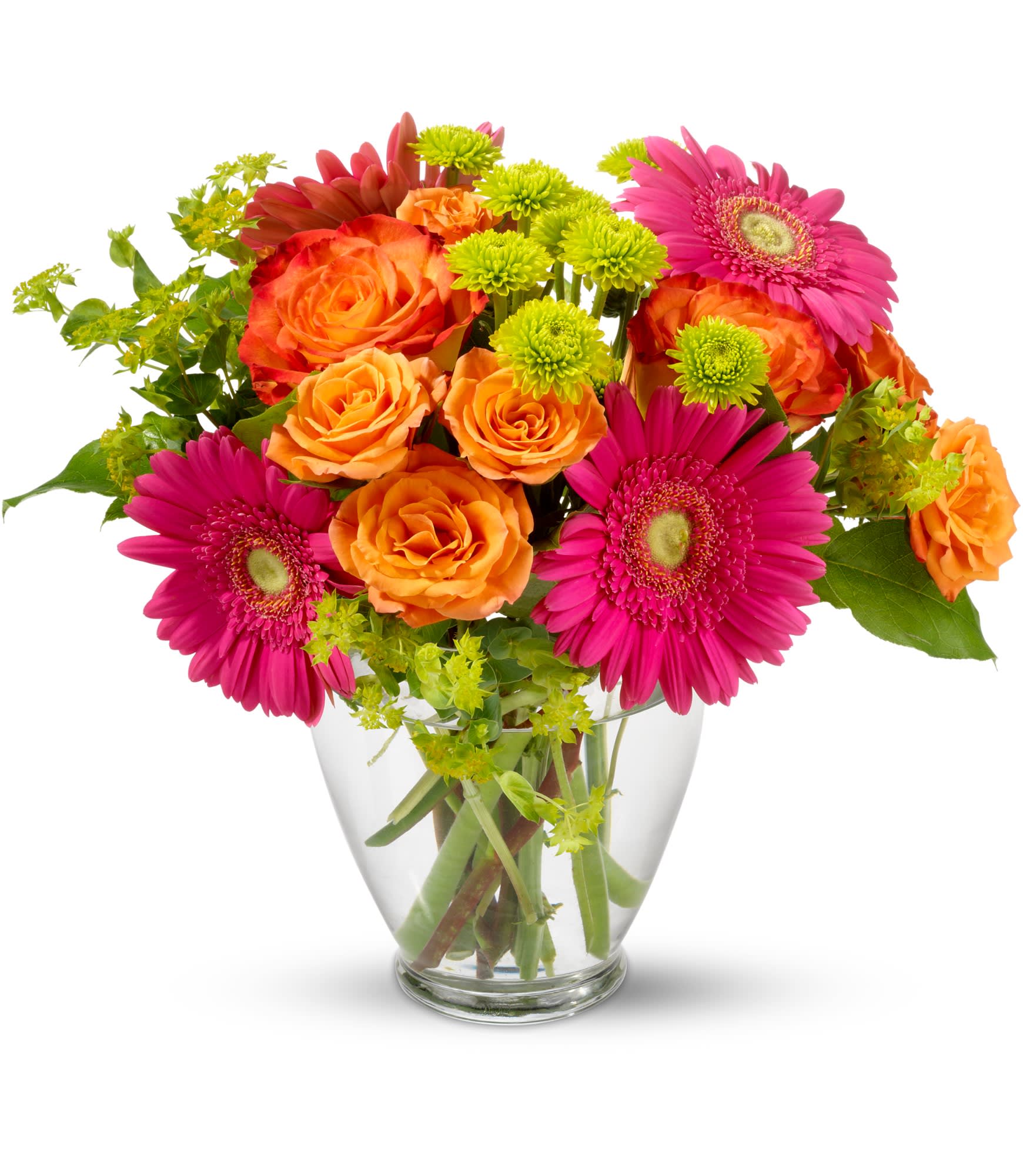  Colors of the Rainbow  - Bright, high-contrast color makes this celebratory flower arrangement an instant mood lifter-the perfect birthday bouquet or Mother's Day surprise. Pink gerbera daisies and vibrant orange roses take center stage, creating a joyful, romantic feel that also works beautifully for anniversaries, "get well" wishes, congratulations, or a just-because pick-me-up for someone you love.  A clear glass vase holds a lively mix of daisies, gerbera daisies, roses, and chrysanthemums with pops of bright green button mums for texture and contrast. The blooms vary in scale-large gerberas and roses balanced by smaller chrysanthemums and filler-so the composition reads energetic and full without feeling fussy. Designed to make the recipient feel truly celebrated, this arrangement arrives ready to display; vase style may vary due to supply.