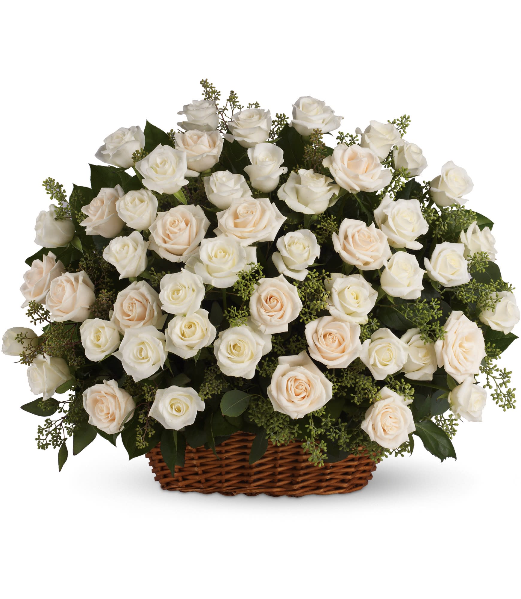 Bountiful Rose Basket  - A beautiful, bountiful basket of luminous white roses that feels so fresh, natural, and welcomed in a home or at a service.  standard comes with 48 roses Approximately 25" W x 20 1/2" H 