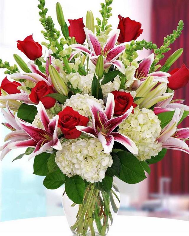 Bouquet of red roses, pink lilies, and white hydrangeas in a glass vase