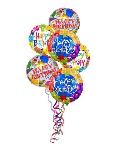 Cluster of colorful Happy Birthday balloons with curling ribbons
