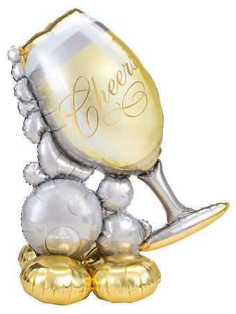Silver and gold champagne flute balloon arrangement with "Cheers" text