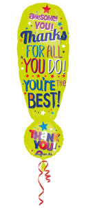 Yellow thank-you balloon with colorful text and a red curling ribbon