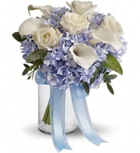 elopement  wedding package, Romance   - A simple backyard or church ceremony allows you to start your life together, even if the party comes later. We are trying to make it easier to order flowers because, let's face it, you have to have a bouquet, right? We have come up with three different options that are both gorgeous and affordable. Need more than just a bridal bouquet and boutonniere for the groom? No problem, we would be happy to help with that too. Just give us a call.   Flowers may include hydrangea, roses, calla lilies, and mixed greens.  ( can be made all white, blue and white, white and yellow  or pink and white).    Option 1 includes Bouquet with matching Boutonniere 