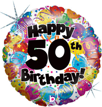 Round birthday balloon with "Happy 50th Birthday" text and colorful confetti design