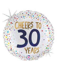 Round confetti balloon reading "Cheers to 30 Years"
