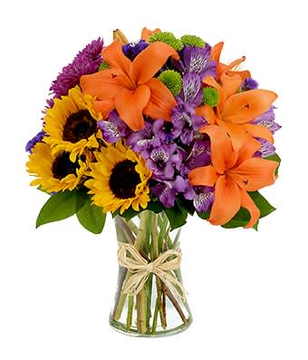  Rural Route Bouquet - An absolutely beautiful reincarnation of a placid rural countryside. This stylish creation of floral magnificence contains sunflowers, burgundy daisies, orange Asiatic lilies, green poms, purple alstroemeria and purple statice in a clear vase with a natural raffia bow. Measures 16"H by 12"L.