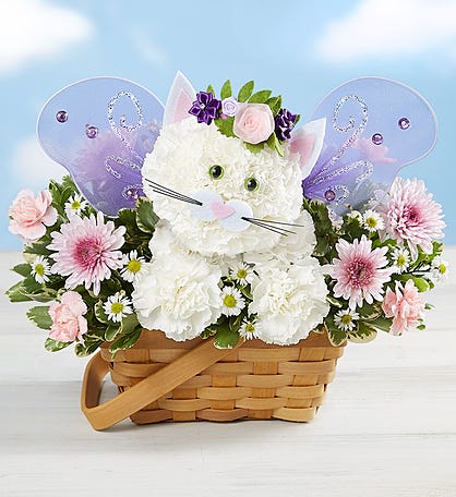 Cat-shaped floral basket with pink and white flowers and butterfly wings