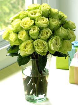 Bouquet of green roses in a clear glass vase