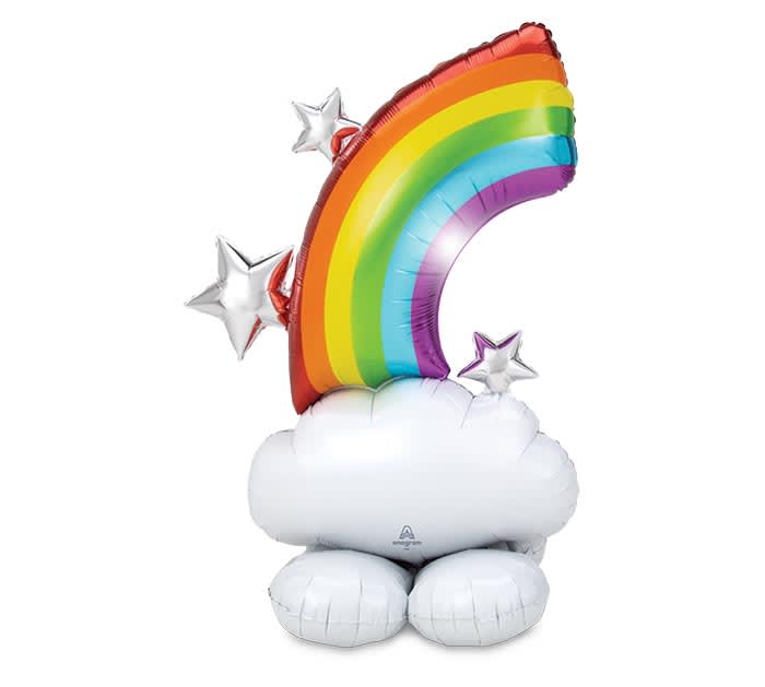 Rainbow balloon with silver stars sitting on a white cloud base