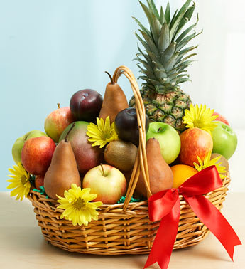Premium Fruit/Meat/Cheese/ - Product ID: 91495  Delightfully deluxe -- that's our abundant basket of fresh fruit, selected and hand-packaged by our florists to show your good taste on any occasion. Fruits such as kiwis, pineapples, grapefruits, apples or plums are beautifully arranged and accented with fresh daisies. Deluxe, hand-packed basket of orchard-fresh fruit, accented with daisies, is selected and arranged by our expert florists Extra-Large gift basket measures approximately 21"H x 15"W Large gift basket measures approximately 18"H x 12"W Medium gift basket measures approximately 13"H x 12"W Small gift basket measures approximately 12"H x 11"W Fruit assortment, floral and basket may vary due to local availability plus all items in the gift box