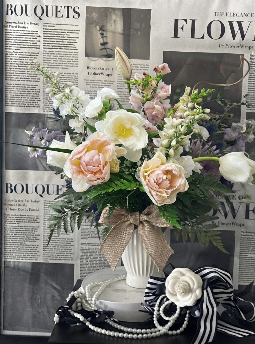 Bouquet of pastel flowers in a white vase with a burlap bow