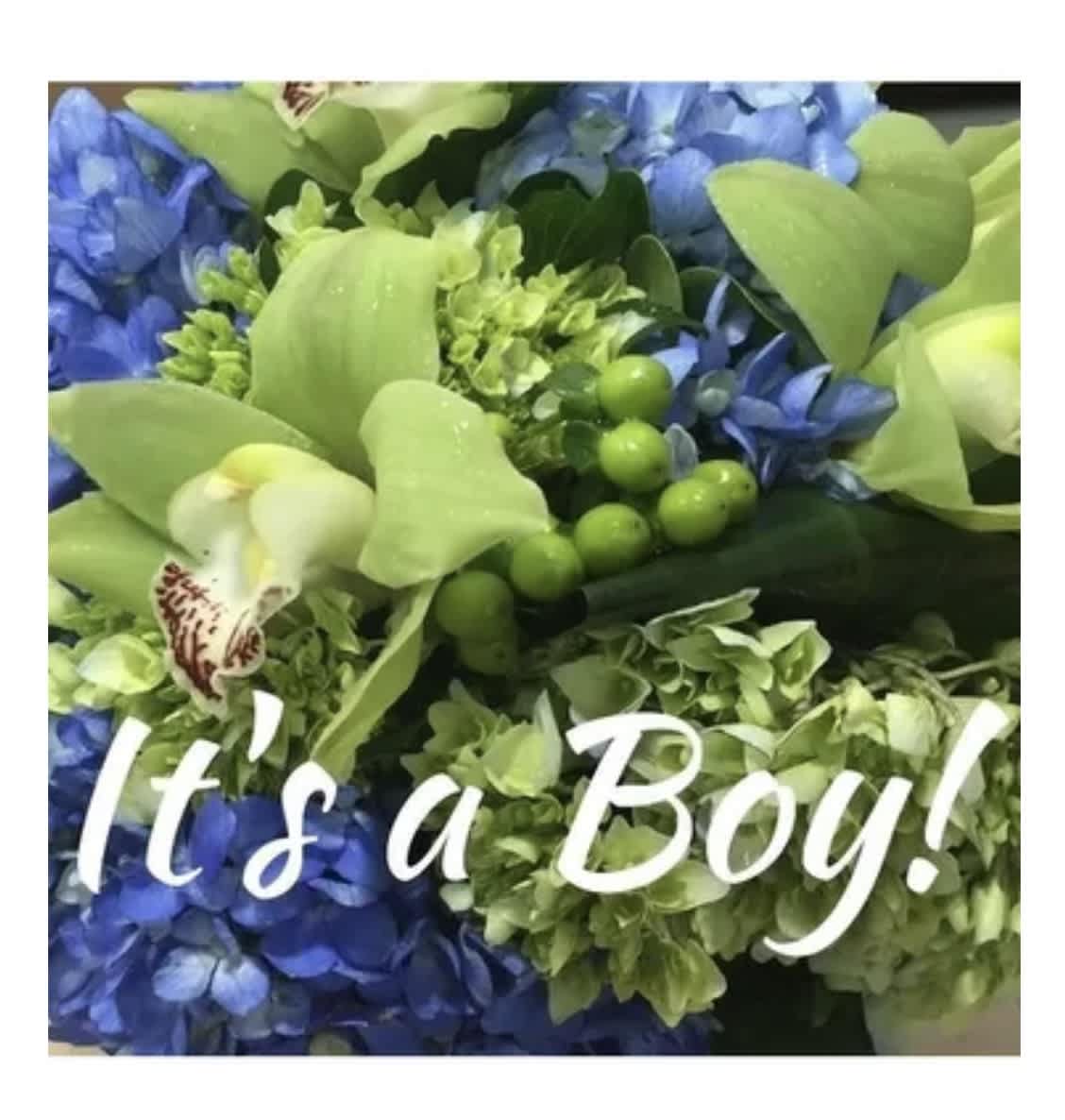 Blue and green floral bouquet with a white orchid bloom