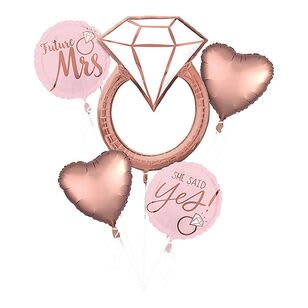 Pink bridal balloons with a diamond ring design and heart balloons