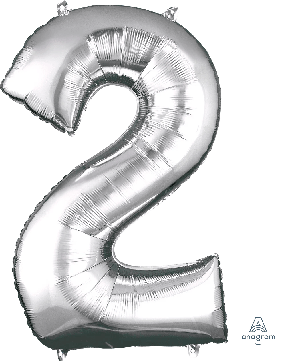 Silver foil balloon shaped like the number 2