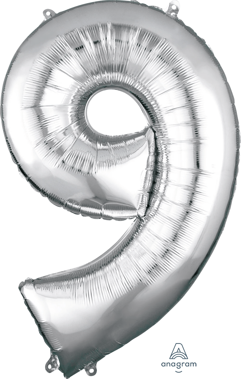 Silver foil balloon shaped like the number 9