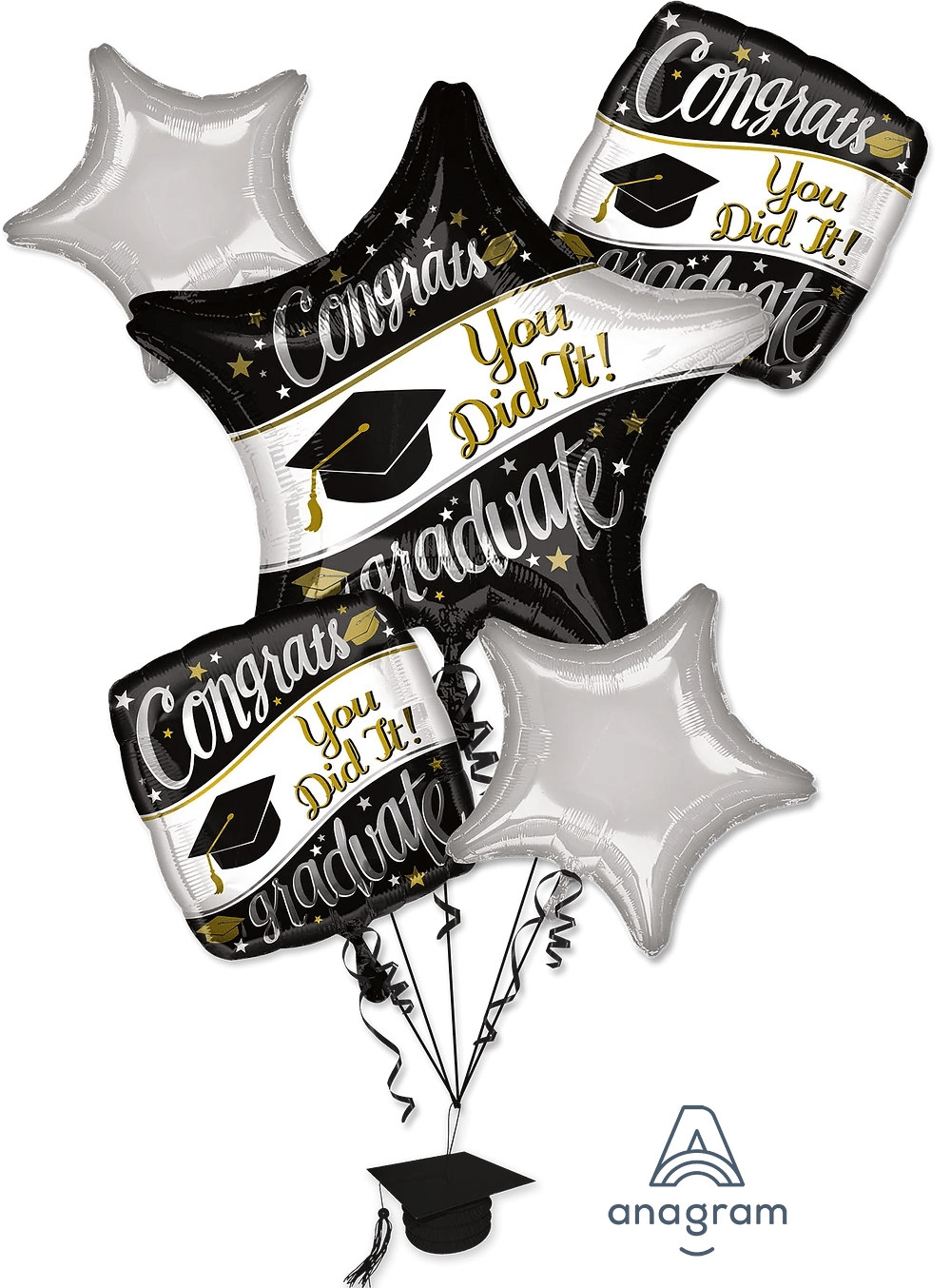 Graduation balloons with star shapes and congratulatory text