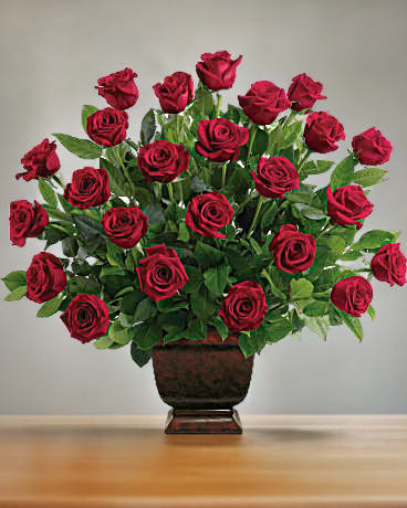 Red roses arranged in a dark pedestal vase