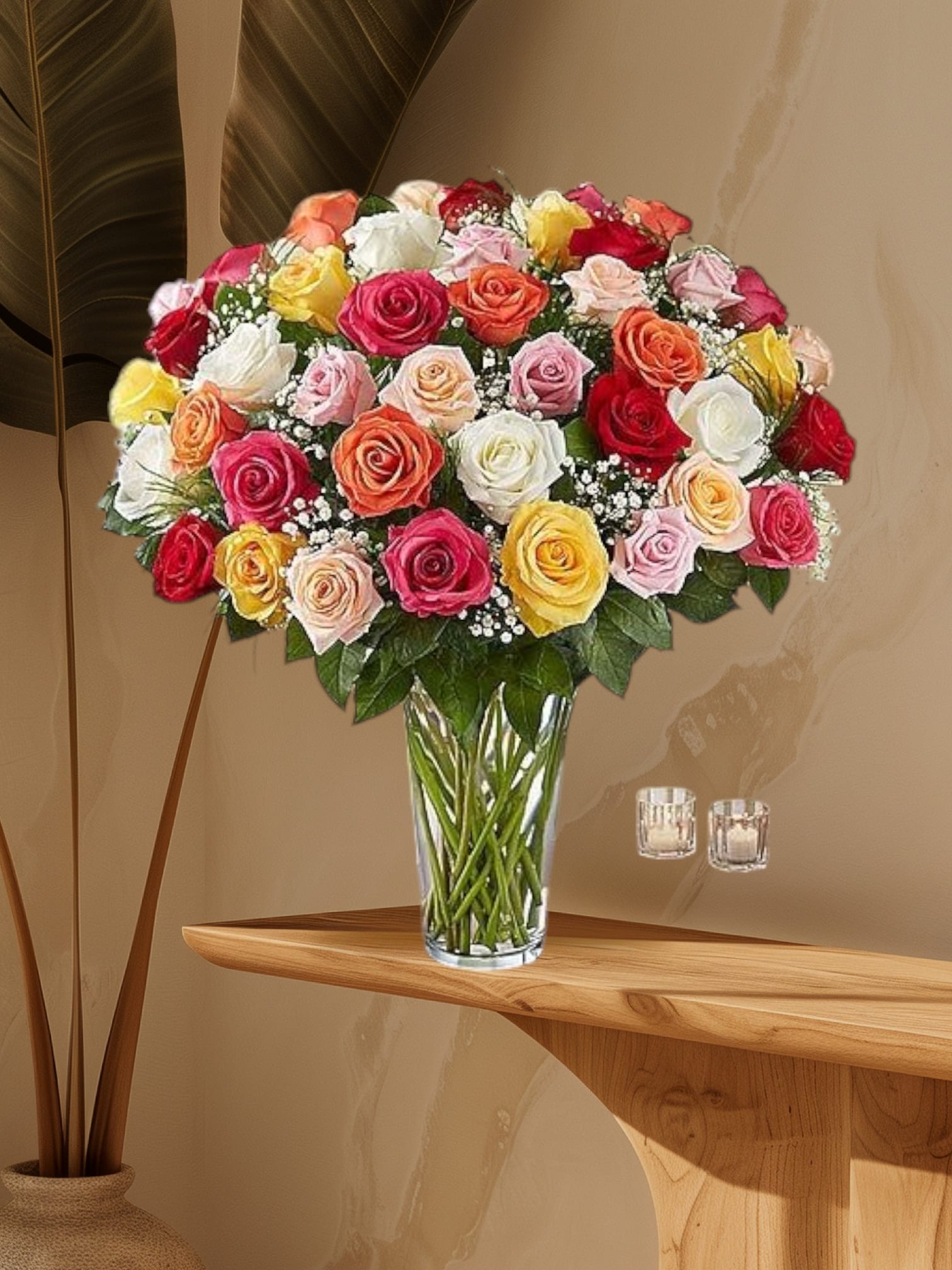 Mixed roses in a clear glass vase with baby's breath