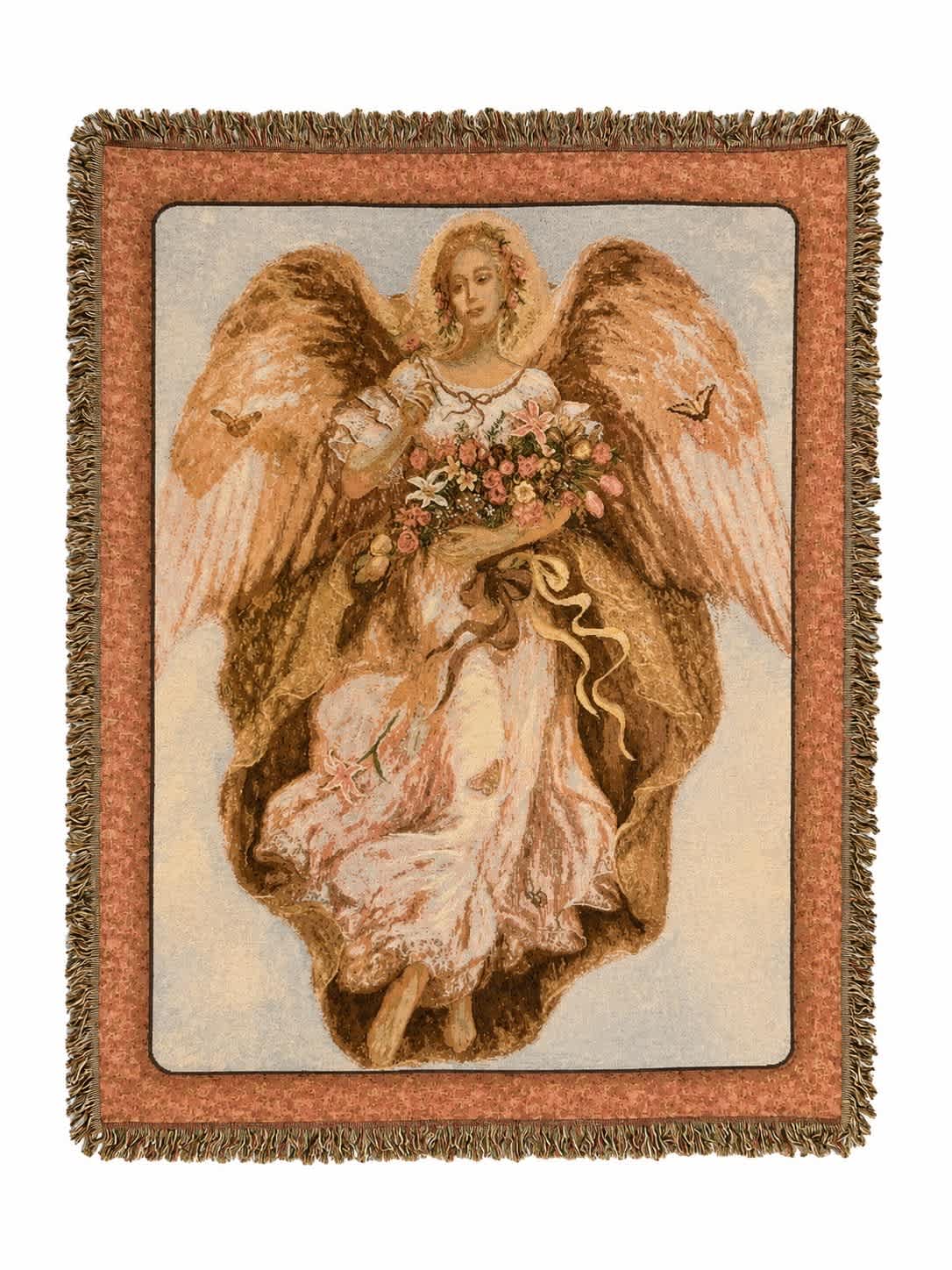 Angel tapestry holding a bouquet of flowers