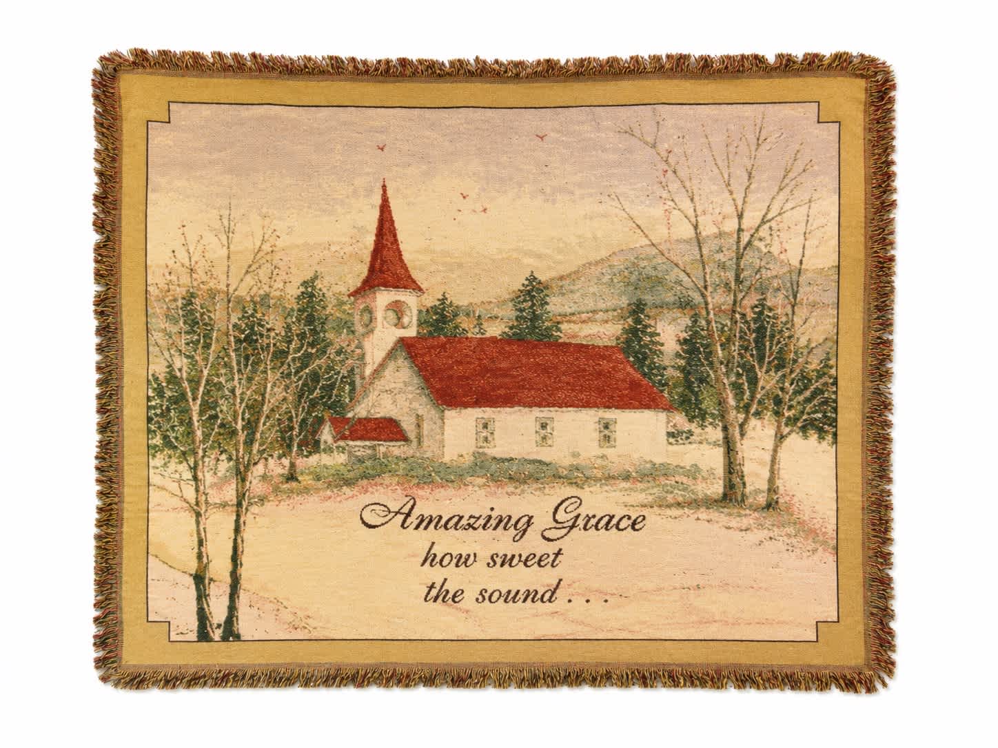 Fringed wall hanging with a church scene and the words Amazing Grace