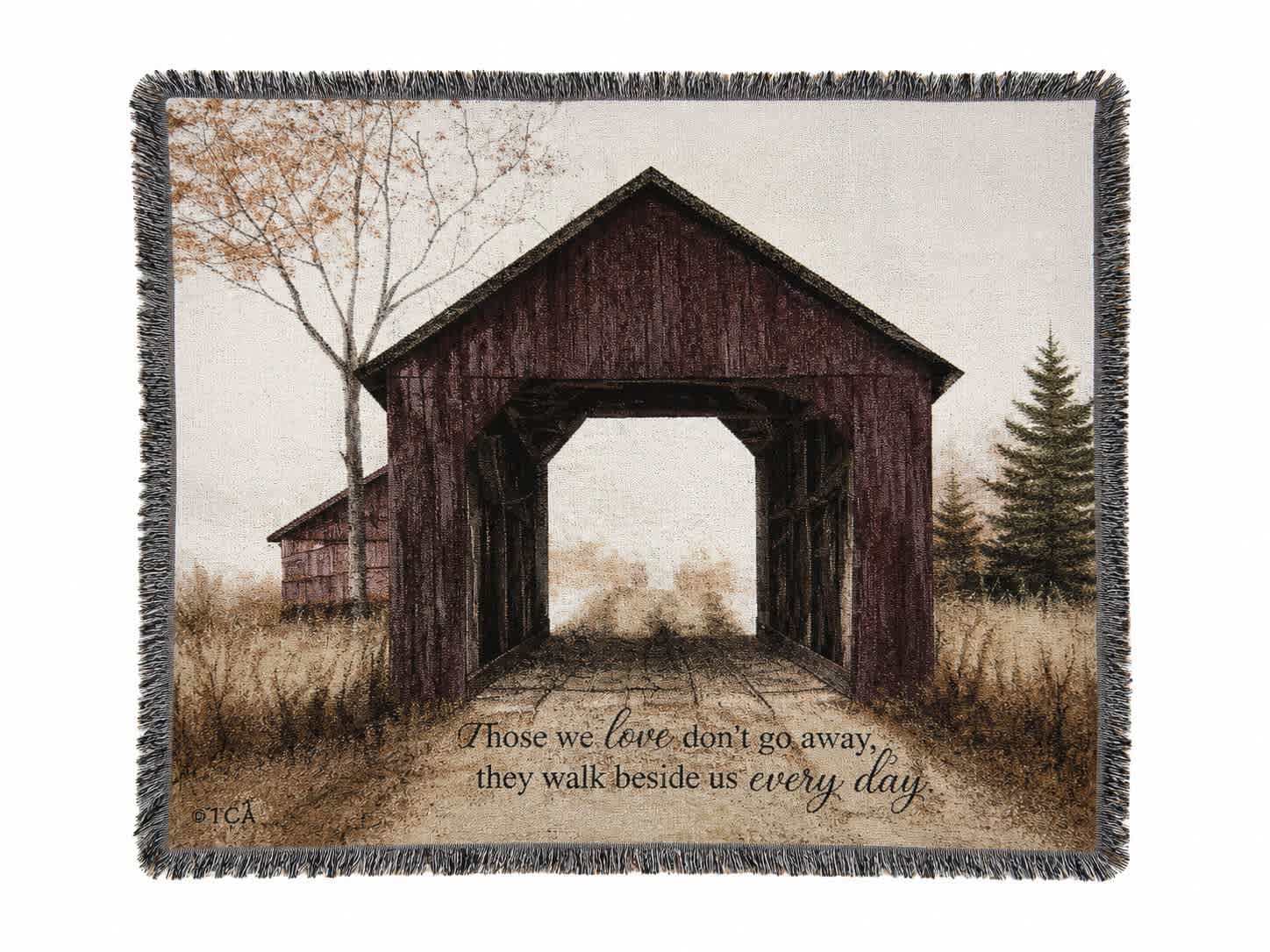 Fringed memorial throw blanket with a covered bridge scene and printed quote