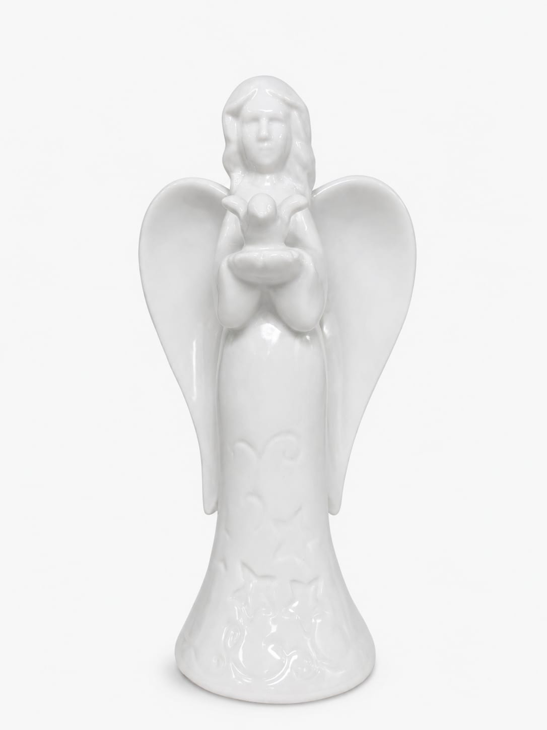White ceramic angel figurine holding a small bird