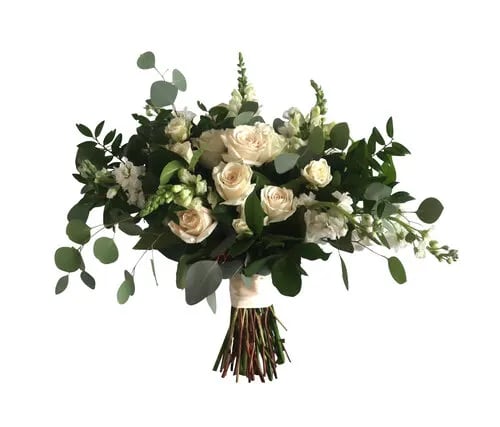 Bouquet of white roses and greenery tied at the stems