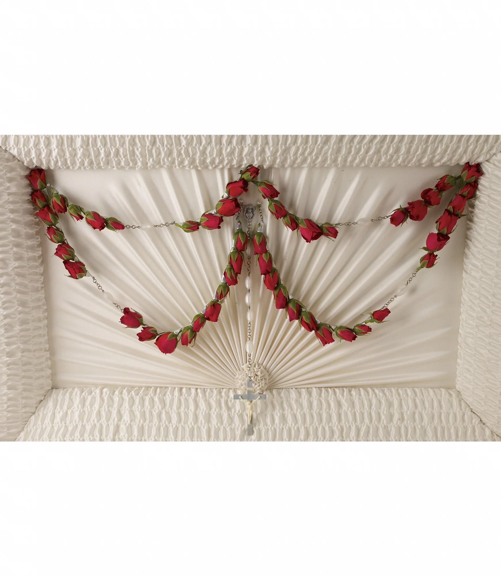 Divine Grace 50-Bead Rosary By Teleflora - For the Catholic service, this exquiste 50-bead rosary graced with red roses placed on the casket lid is a beautifully spiritual tribute to a departed loved one.