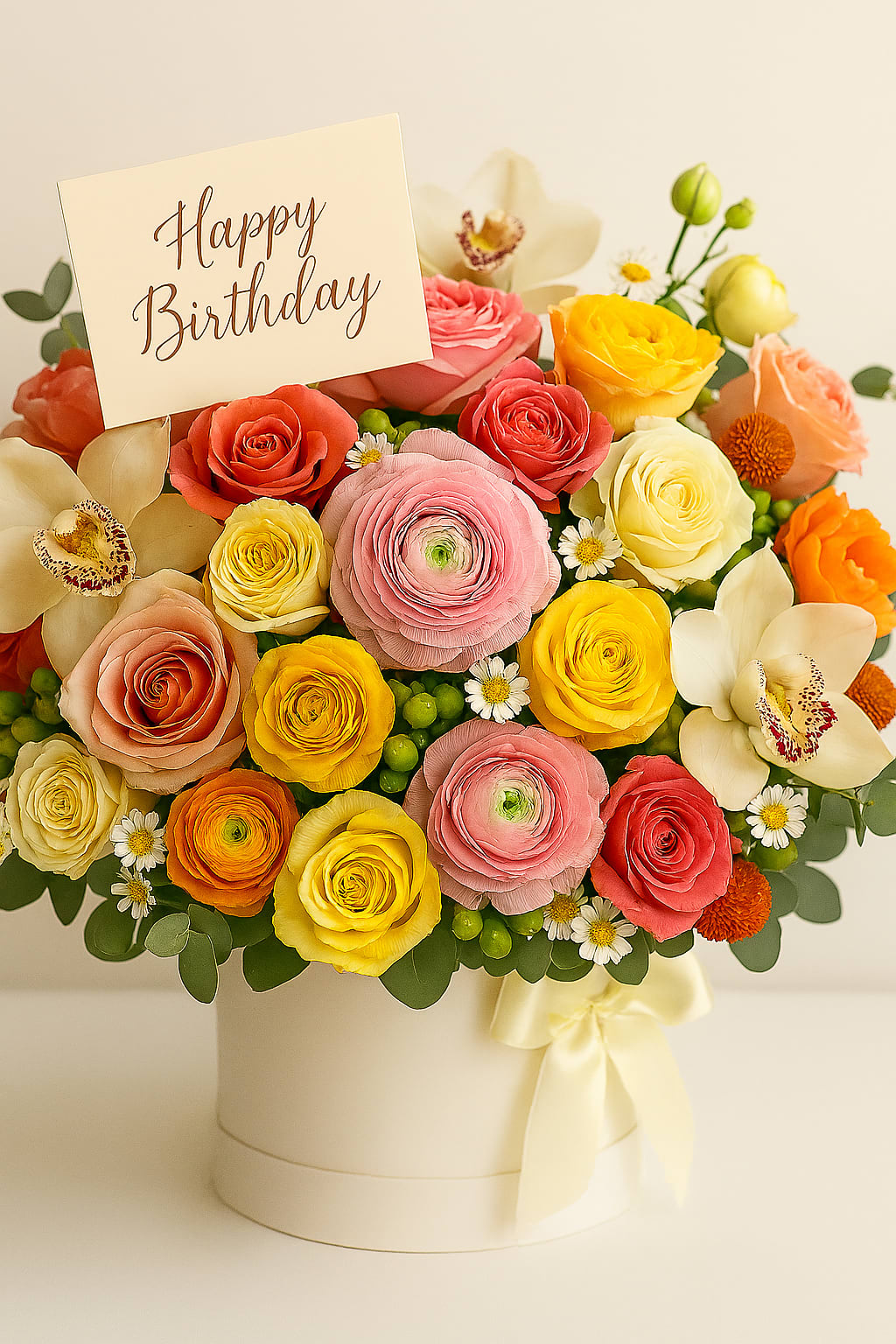 Colorful mixed flower arrangement in a cream box with a Happy Birthday card