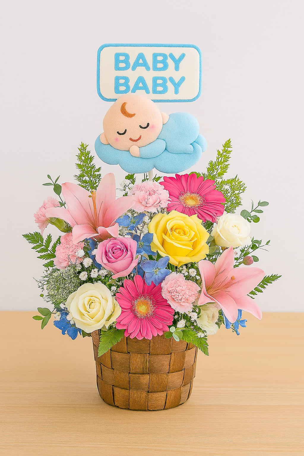 Basket arrangement with pink lilies, roses, and a baby topper