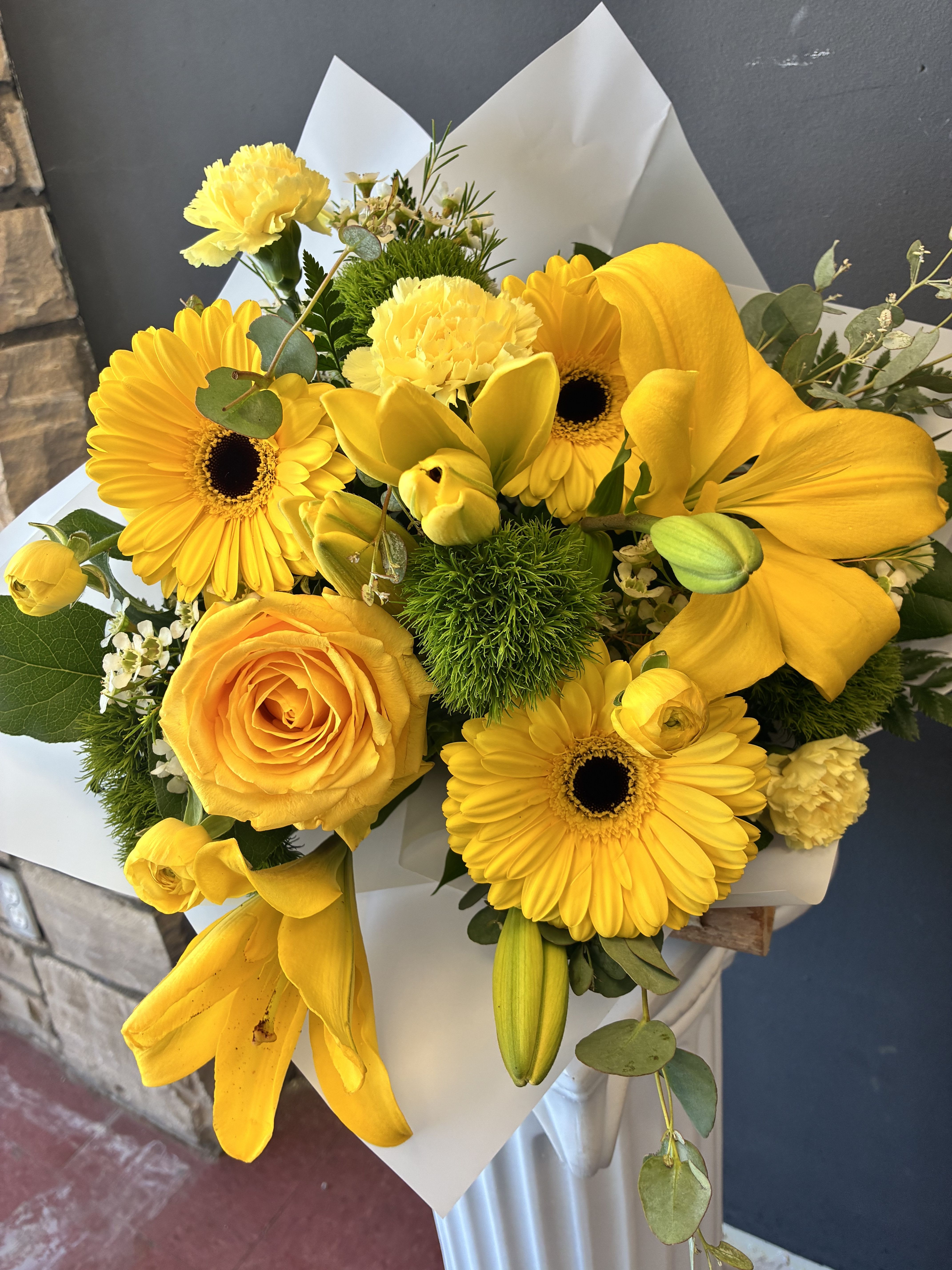 #17 Designer's Choice Wrapped Bouquet - all yellow wrapped bouquet 